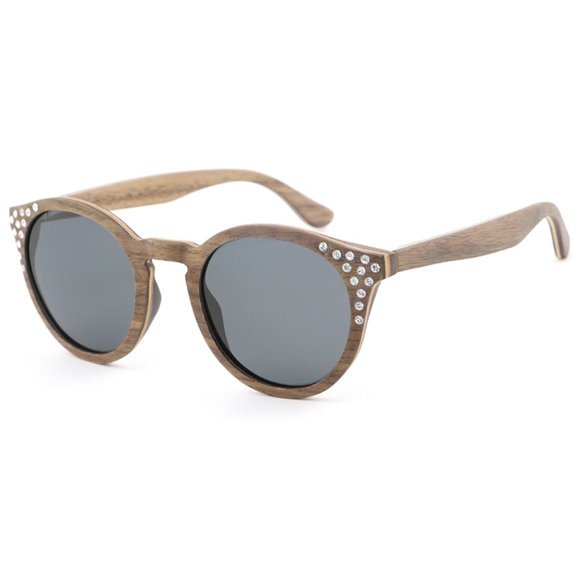Wood Sunglasses with Gradient Gray Polarized Lens Brown Wood Frame & Rhinestones main image 4